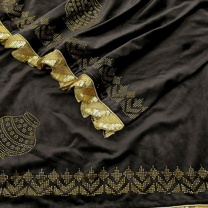 Indian Vintage Heavy Brown Dupatta Velvet Long Stole Hand Embroidered Scarves Golden Border Veil Hijab