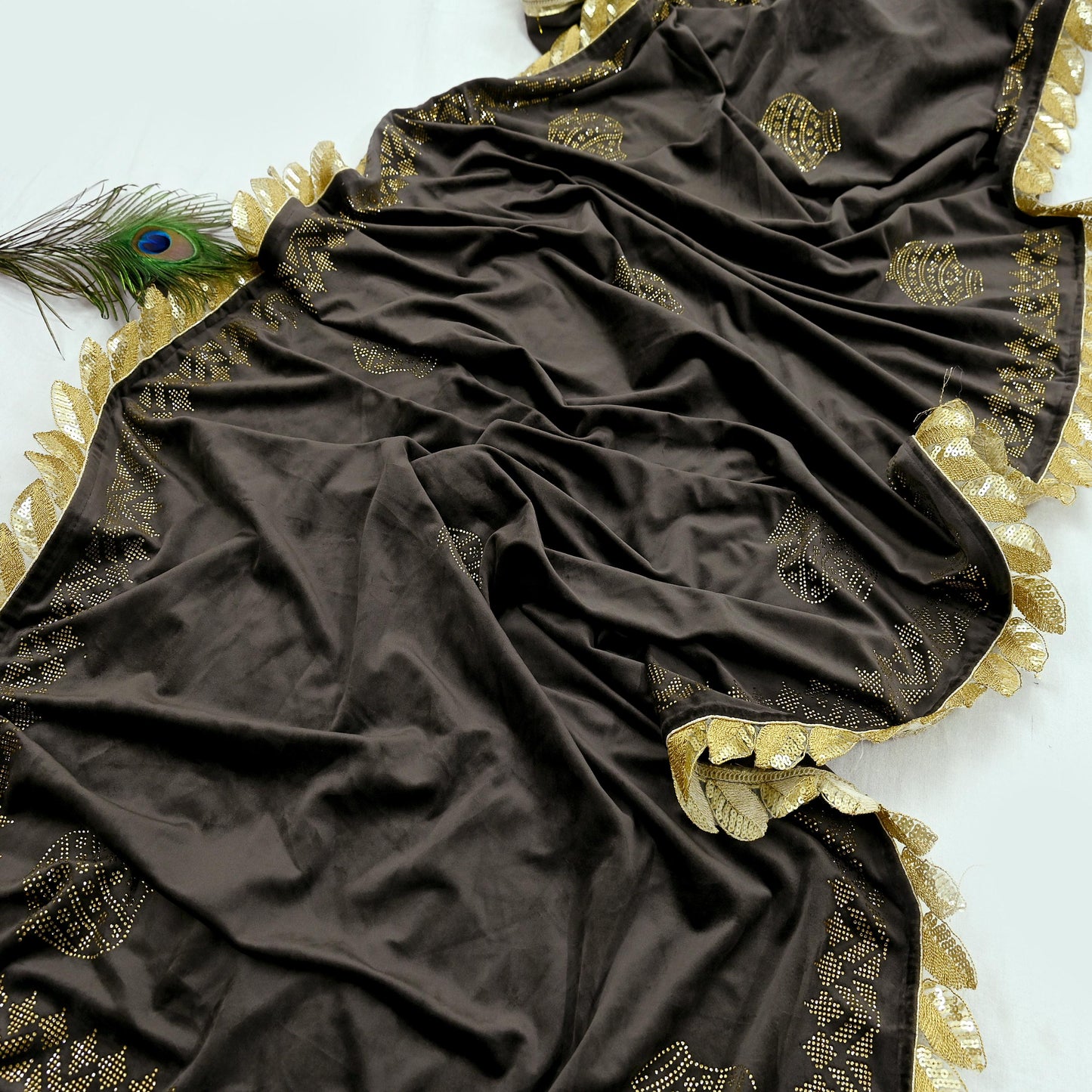 Indian Vintage Heavy Brown Dupatta Velvet Long Stole Hand Embroidered Scarves Golden Border Veil Hijab