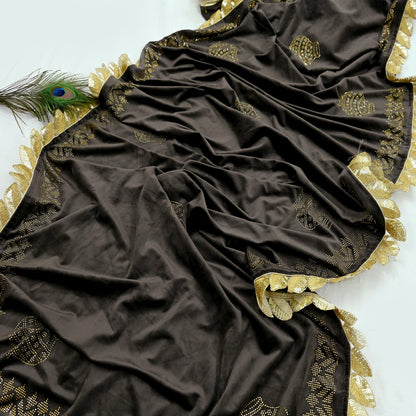 Indian Vintage Heavy Brown Dupatta Velvet Long Stole Hand Embroidered Scarves Golden Border Veil Hijab