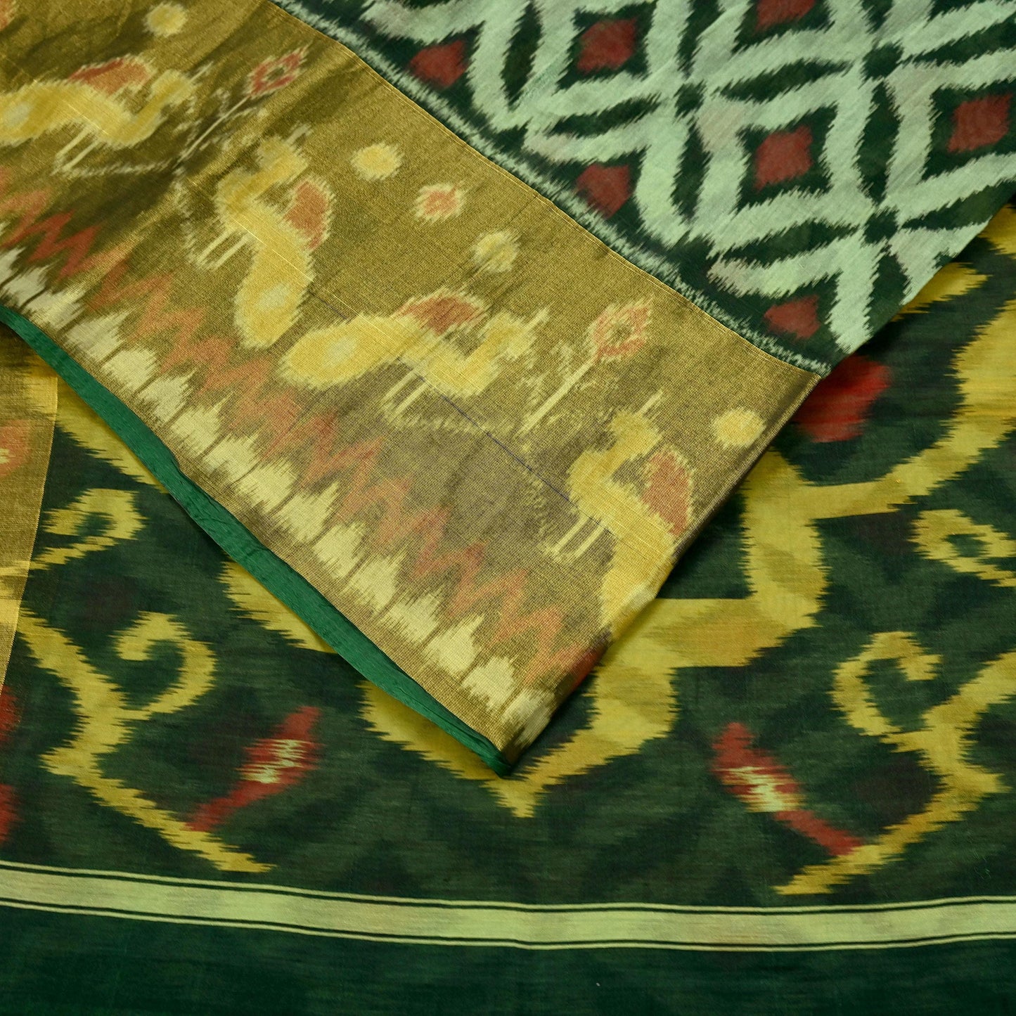 Vintage Green Sambalpuri Ikat Saree: Handwoven Silk Sari Fabric, Chakra Border