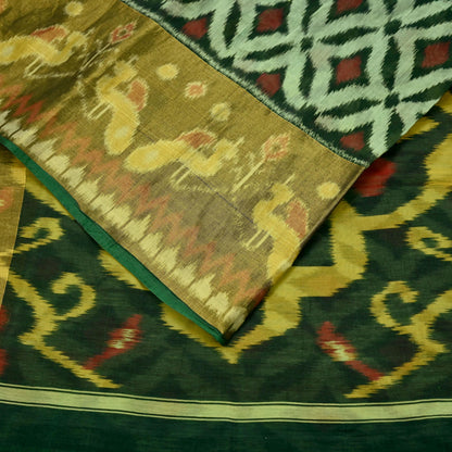 Vintage Green Sambalpuri Ikat Saree: Handwoven Silk Sari Fabric, Chakra Border