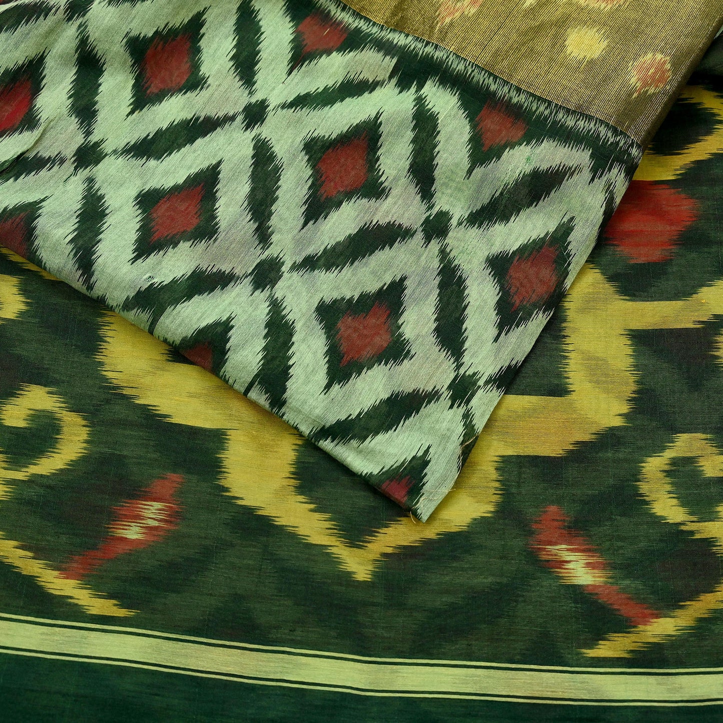 Vintage Green Sambalpuri Ikat Saree: Handwoven Silk Sari Fabric, Chakra Border