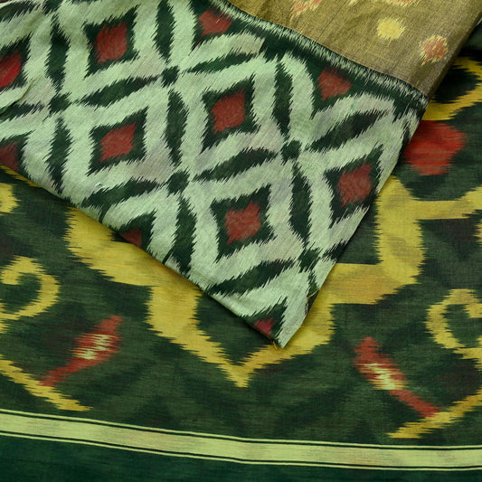 Vintage Green Sambalpuri Ikat Saree: Handwoven Silk Sari Fabric, Chakra Border