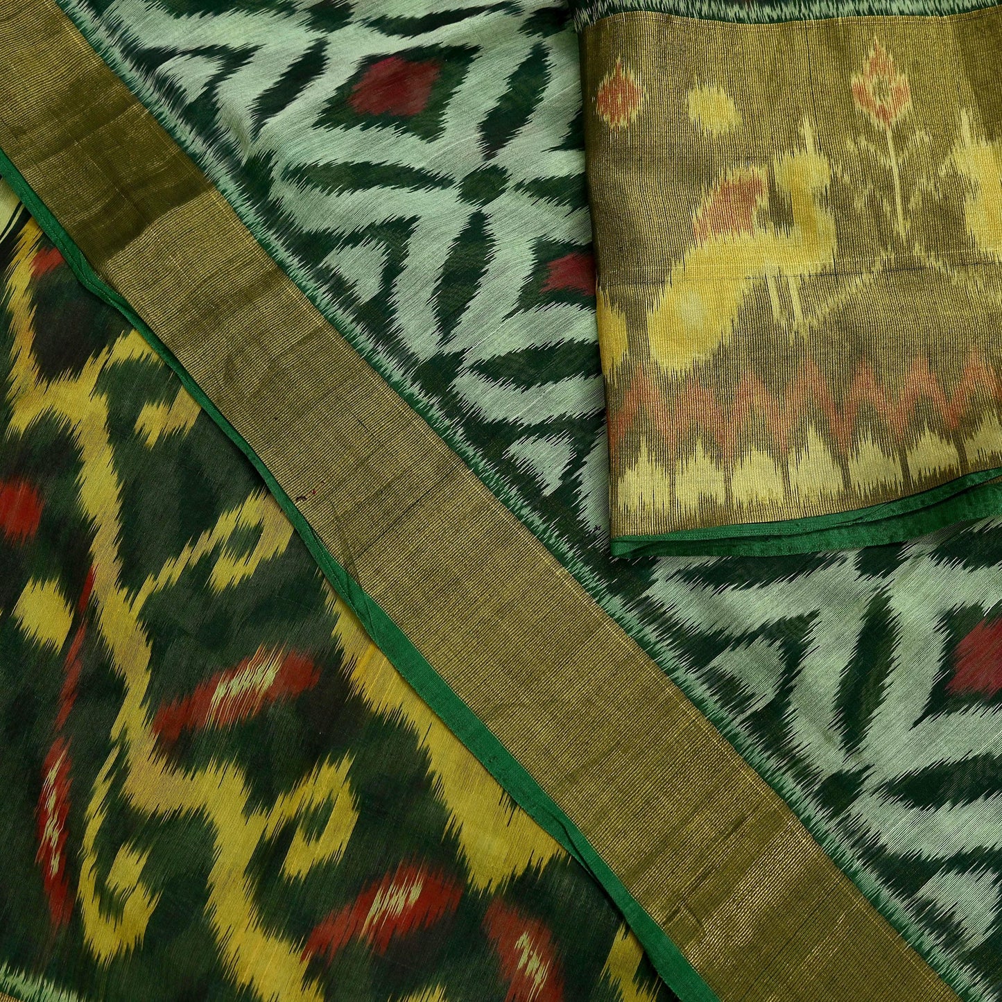 Vintage Green Sambalpuri Ikat Saree: Handwoven Silk Sari Fabric, Chakra Border