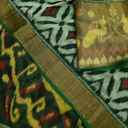 Vintage Green Sambalpuri Ikat Saree: Handwoven Silk Sari Fabric, Chakra Border