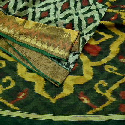 Vintage Green Sambalpuri Ikat Saree: Handwoven Silk Sari Fabric, Chakra Border