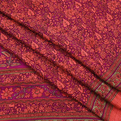 Indian Vintage Saree Peach & Purple Moss Crepe Printed Sari 5 Yards Floral Soft Fabric for Sewing, Dressmaking, Crafting, Quilting