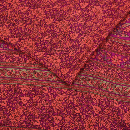 Indian Vintage Saree Peach & Purple Moss Crepe Printed Sari 5 Yards Floral Soft Fabric for Sewing, Dressmaking, Crafting, Quilting