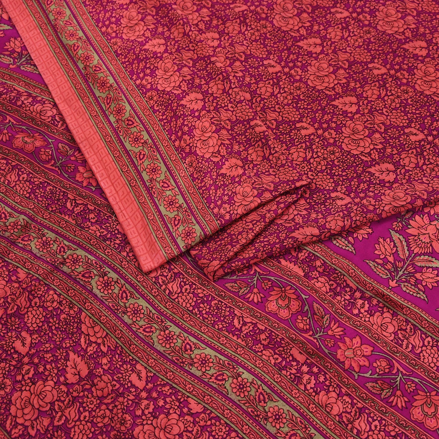 Indian Vintage Saree Peach & Purple Moss Crepe Printed Sari 5 Yards Floral Soft Fabric for Sewing, Dressmaking, Crafting, Quilting