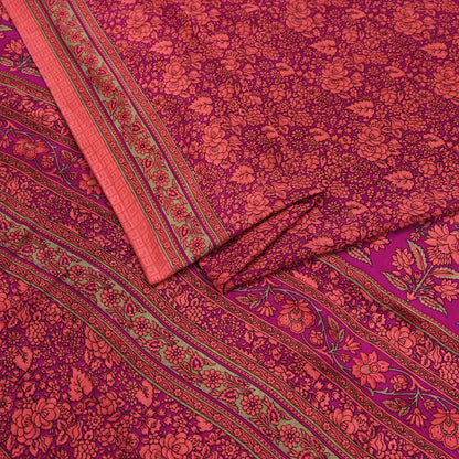 Indian Vintage Saree Peach & Purple Moss Crepe Printed Sari 5 Yards Floral Soft Fabric for Sewing, Dressmaking, Crafting, Quilting