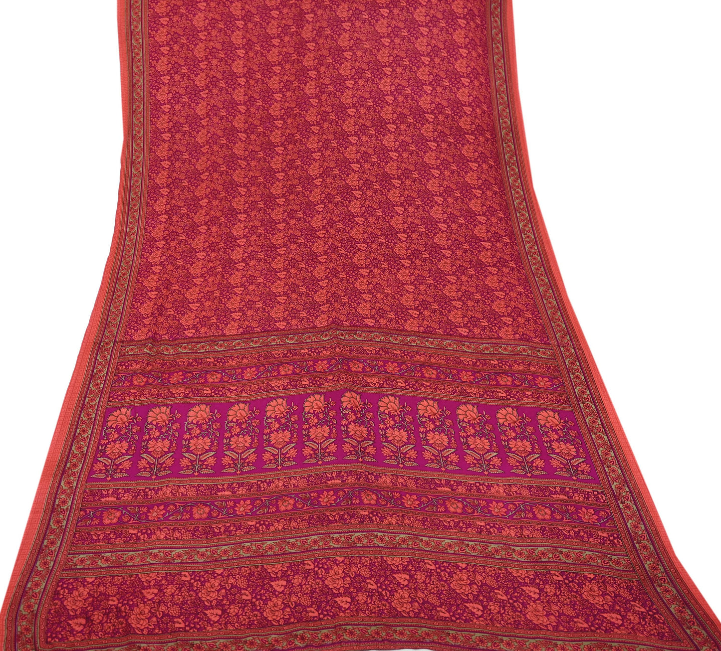 Indian Vintage Saree Peach & Purple Moss Crepe Printed Sari 5 Yards Floral Soft Fabric for Sewing, Dressmaking, Crafting, Quilting