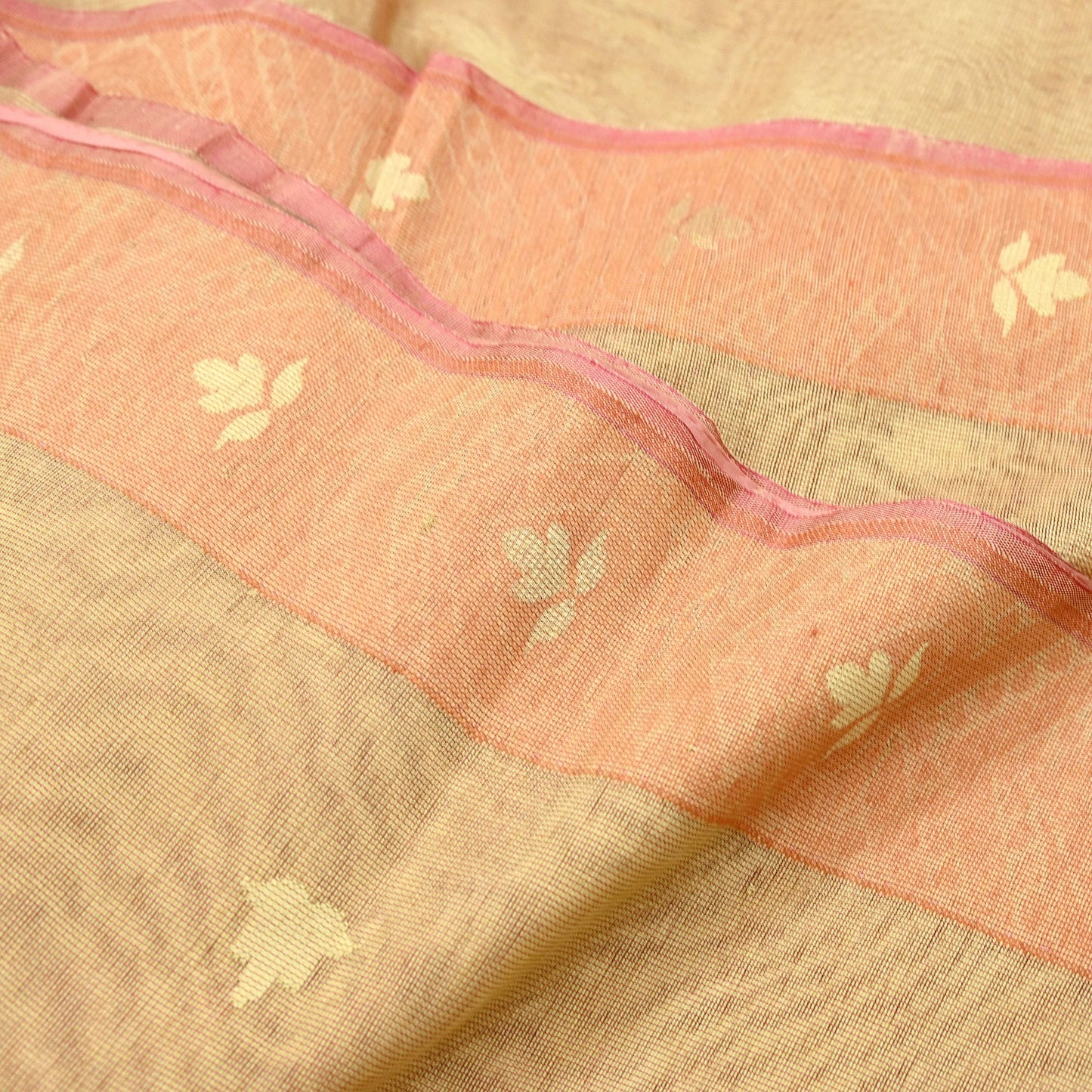 Indian Vintage Sarees Beige Pure Cotton Hand Woven Jamdani Sari 5yd Ethnic Floral Craft Fabric Dress making Upcycle Crafting Quilting