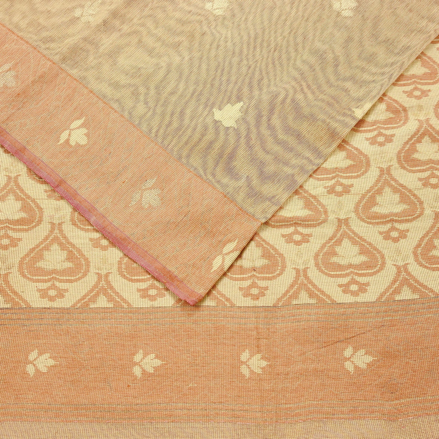 Indian Vintage Sarees Beige Pure Cotton Hand Woven Jamdani Sari 5yd Ethnic Floral Craft Fabric Dress making Upcycle Crafting Quilting
