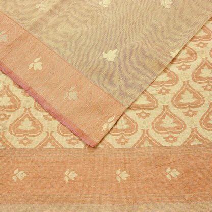 Indian Vintage Sarees Beige Pure Cotton Hand Woven Jamdani Sari 5yd Ethnic Floral Craft Fabric Dress making Upcycle Crafting Quilting