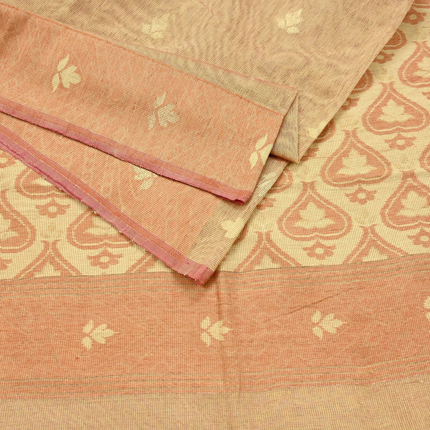 Indian Vintage Sarees Beige Pure Cotton Hand Woven Jamdani Sari 5yd Ethnic Floral Craft Fabric Dress making Upcycle Crafting Quilting