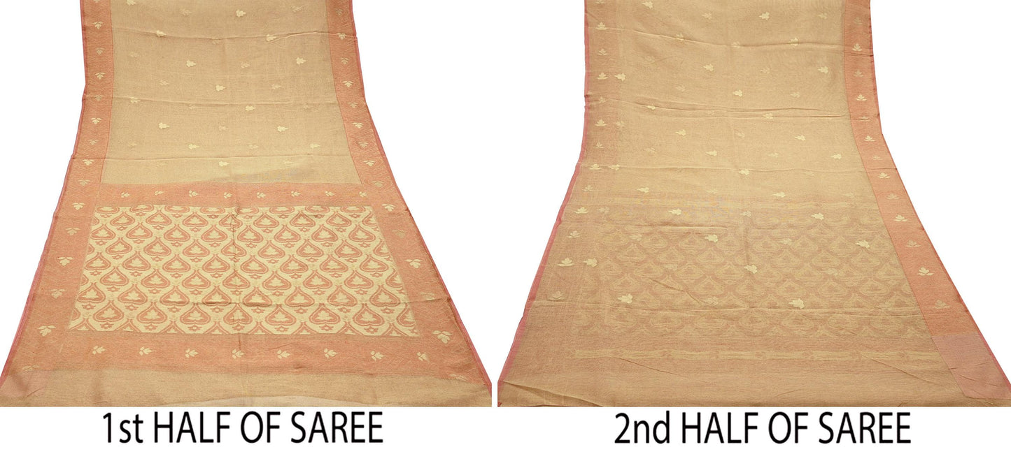 Indian Vintage Sarees Beige Pure Cotton Hand Woven Jamdani Sari 5yd Ethnic Floral Craft Fabric Dress making Upcycle Crafting Quilting