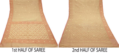 Indian Vintage Sarees Beige Pure Cotton Hand Woven Jamdani Sari 5yd Ethnic Floral Craft Fabric Dress making Upcycle Crafting Quilting