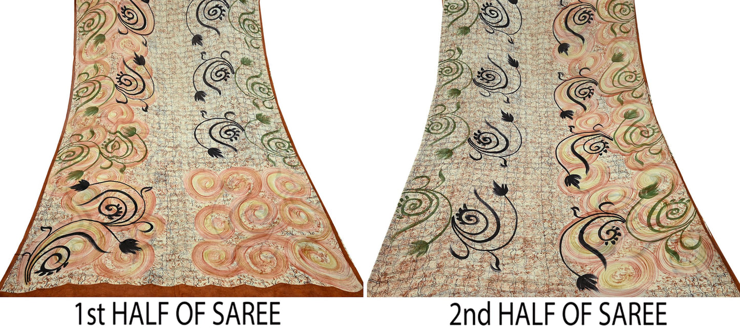Women Indian Vintage Sari Ivory Pure Georgette Silk Printed Sarees Craft Fabric Sewing 5Yd Soft Dress Making Quilting Crafting
