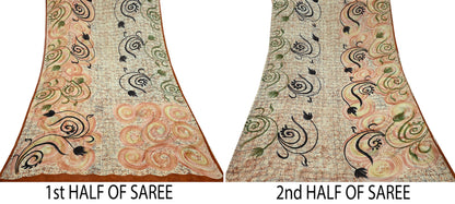 Women Indian Vintage Sari Ivory Pure Georgette Silk Printed Sarees Craft Fabric Sewing 5Yd Soft Dress Making Quilting Crafting