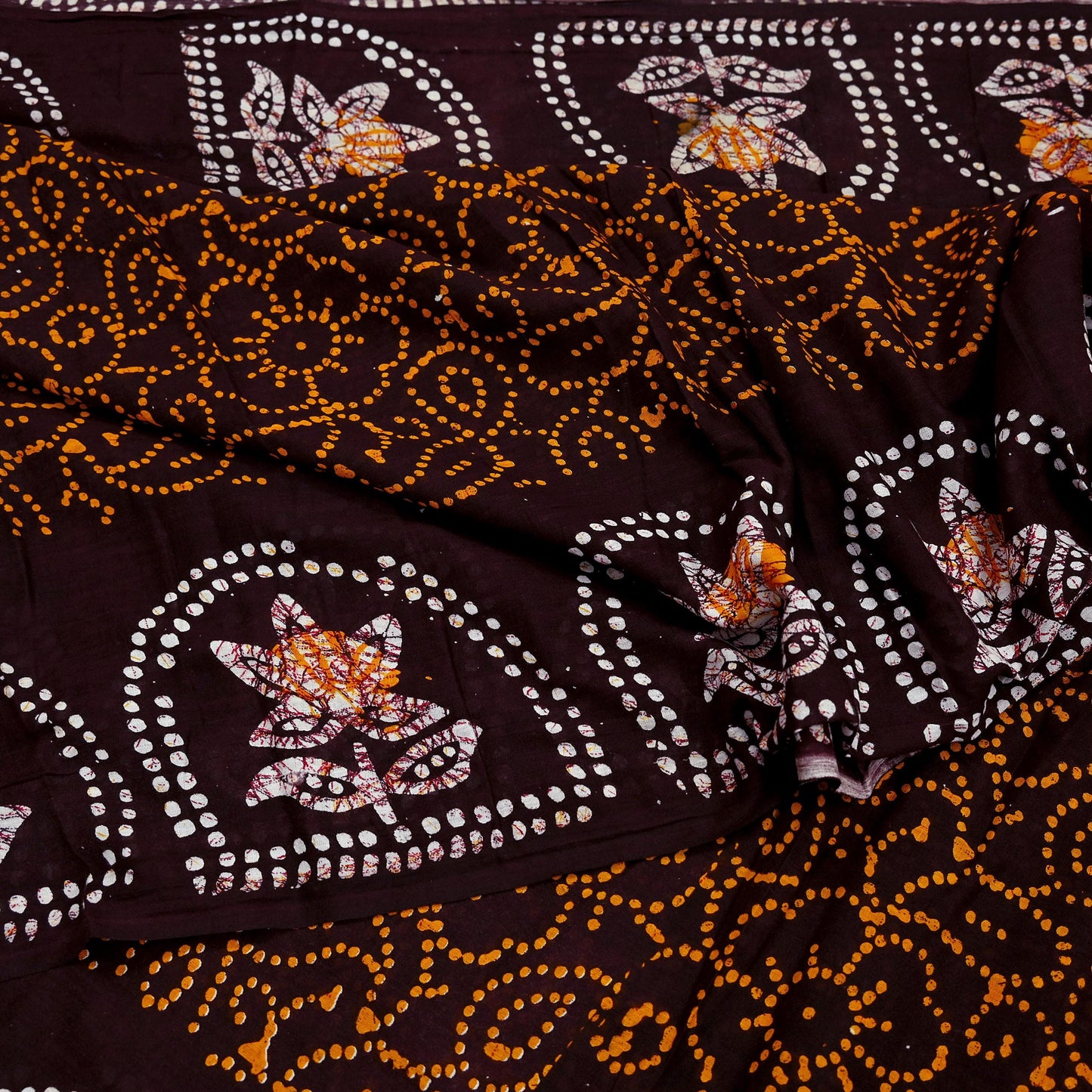 Indian Vintage Saffron & Brown Saree Batik Printed 100% Pure Cotton Sari Craft Fabric Soft 5Yd Sewing Sarong Wrap Boho Dress Making Upcycle