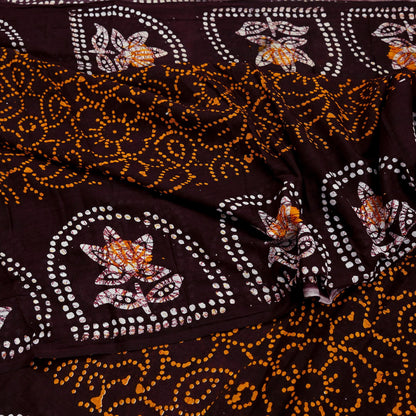 Indian Vintage Saffron & Brown Saree Batik Printed 100% Pure Cotton Sari Craft Fabric Soft 5Yd Sewing Sarong Wrap Boho Dress Making Upcycle