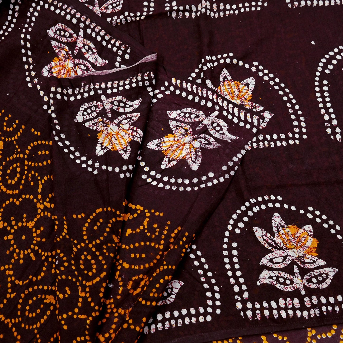 Indian Vintage Saffron & Brown Saree Batik Printed 100% Pure Cotton Sari Craft Fabric Soft 5Yd Sewing Sarong Wrap Boho Dress Making Upcycle