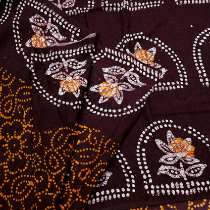 Indian Vintage Saffron & Brown Saree Batik Printed 100% Pure Cotton Sari Craft Fabric Soft 5Yd Sewing Sarong Wrap Boho Dress Making Upcycle