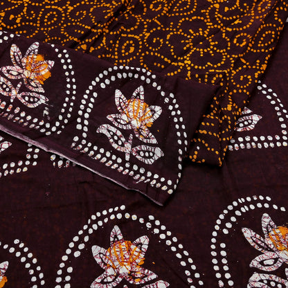 Indian Vintage Saffron & Brown Saree Batik Printed 100% Pure Cotton Sari Craft Fabric Soft 5Yd Sewing Sarong Wrap Boho Dress Making Upcycle