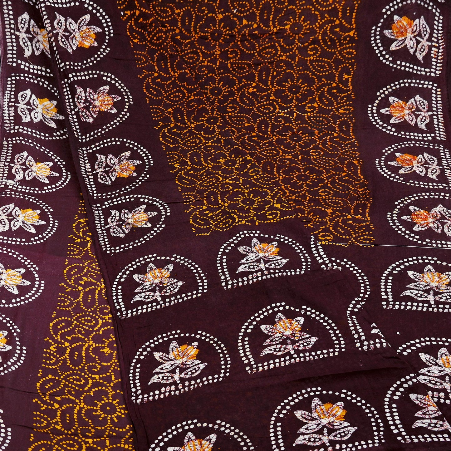 Indian Vintage Saffron & Brown Saree Batik Printed 100% Pure Cotton Sari Craft Fabric Soft 5Yd Sewing Sarong Wrap Boho Dress Making Upcycle