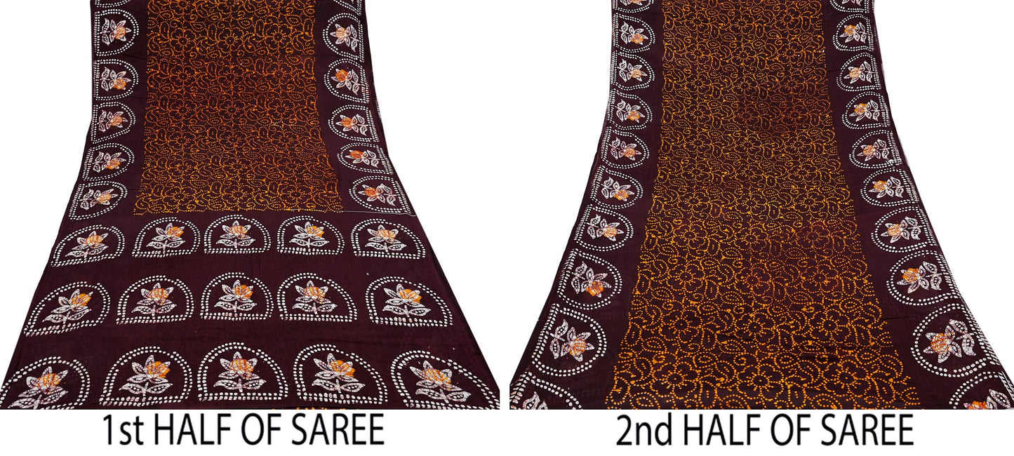 Indian Vintage Saffron & Brown Saree Batik Printed 100% Pure Cotton Sari Craft Fabric Soft 5Yd Sewing Sarong Wrap Boho Dress Making Upcycle