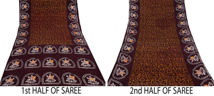 Indian Vintage Saffron & Brown Saree Batik Printed 100% Pure Cotton Sari Craft Fabric Soft 5Yd Sewing Sarong Wrap Boho Dress Making Upcycle