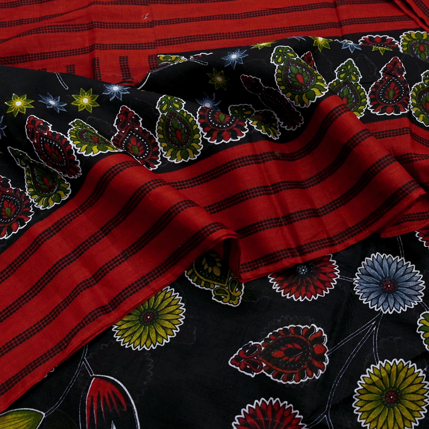 Indian Vintage Sari Red & Black Printed 100% Pure Cotton Saree Craft Fabric 5Yard Sewing Sarong Wrap Boho Floral