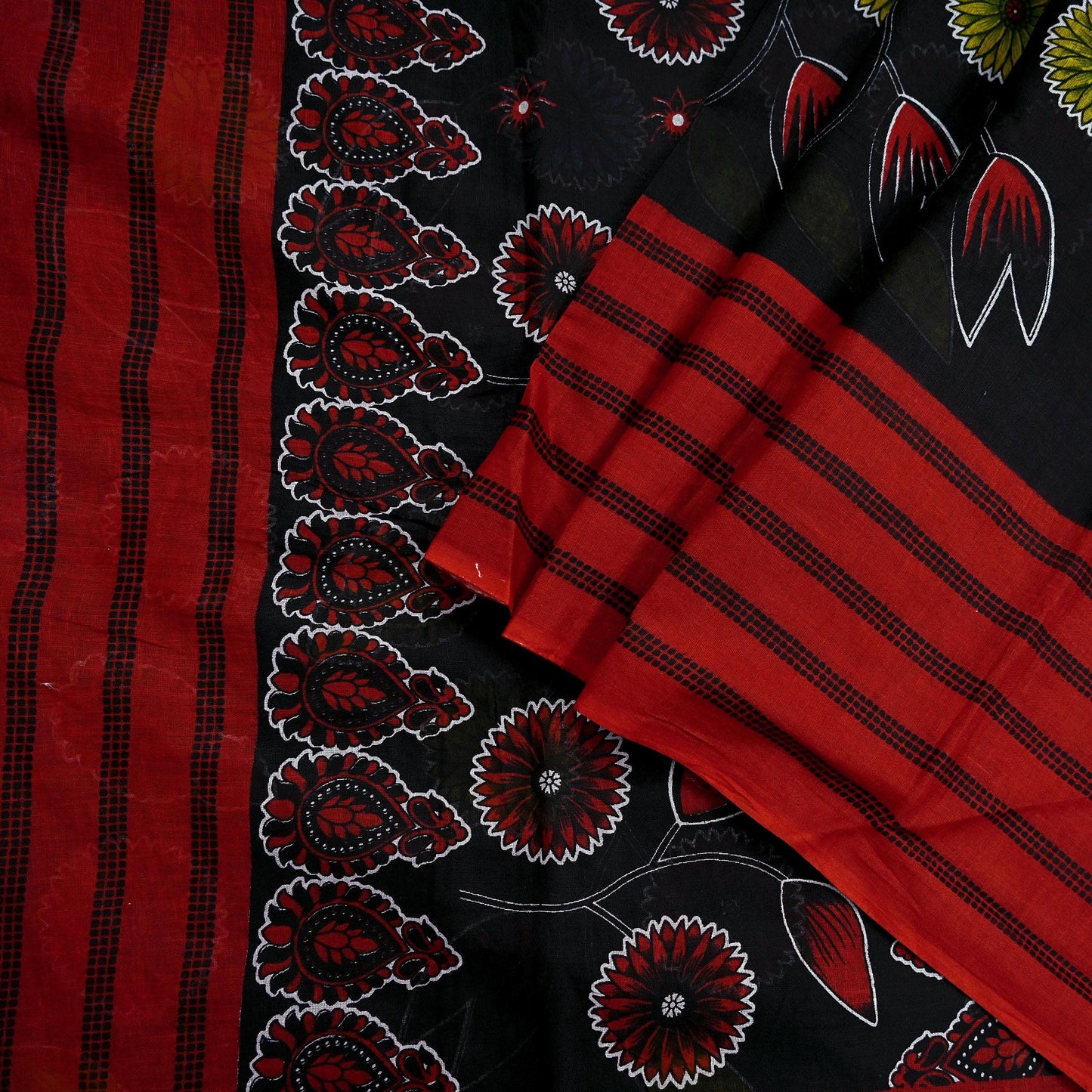 Indian Vintage Sari Red & Black Printed 100% Pure Cotton Saree Craft Fabric 5Yard Sewing Sarong Wrap Boho Floral
