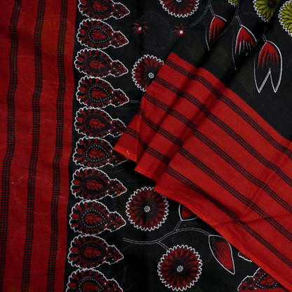 Indian Vintage Sari Red & Black Printed 100% Pure Cotton Saree Craft Fabric 5Yard Sewing Sarong Wrap Boho Floral