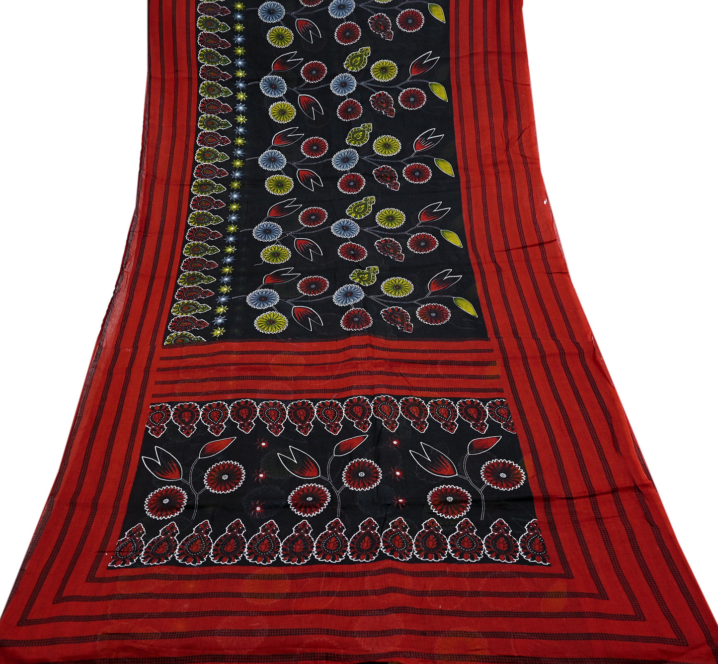 Indian Vintage Sari Red & Black Printed 100% Pure Cotton Saree Craft Fabric 5Yard Sewing Sarong Wrap Boho Floral