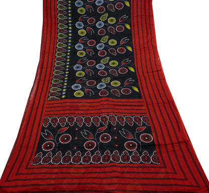Indian Vintage Sari Red & Black Printed 100% Pure Cotton Saree Craft Fabric 5Yard Sewing Sarong Wrap Boho Floral