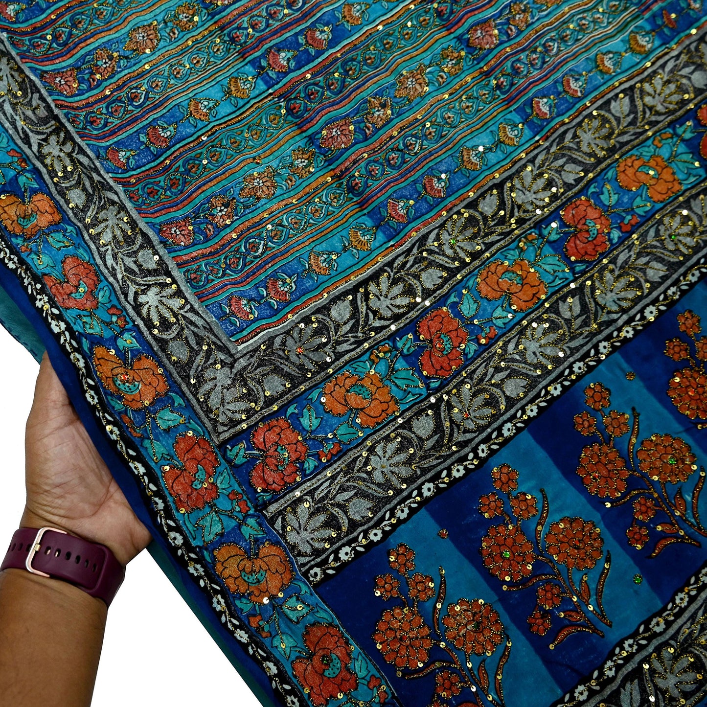 Indian Vintage Sari Blue & Green Pure Crepe Silk Hand Embroidered Saree 5yd Sewing Floral Craft Sequins Dress making Crafting Quilting