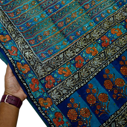 Indian Vintage Sari Blue & Green Pure Crepe Silk Hand Embroidered Saree 5yd Sewing Floral Craft Sequins Dress making Crafting Quilting