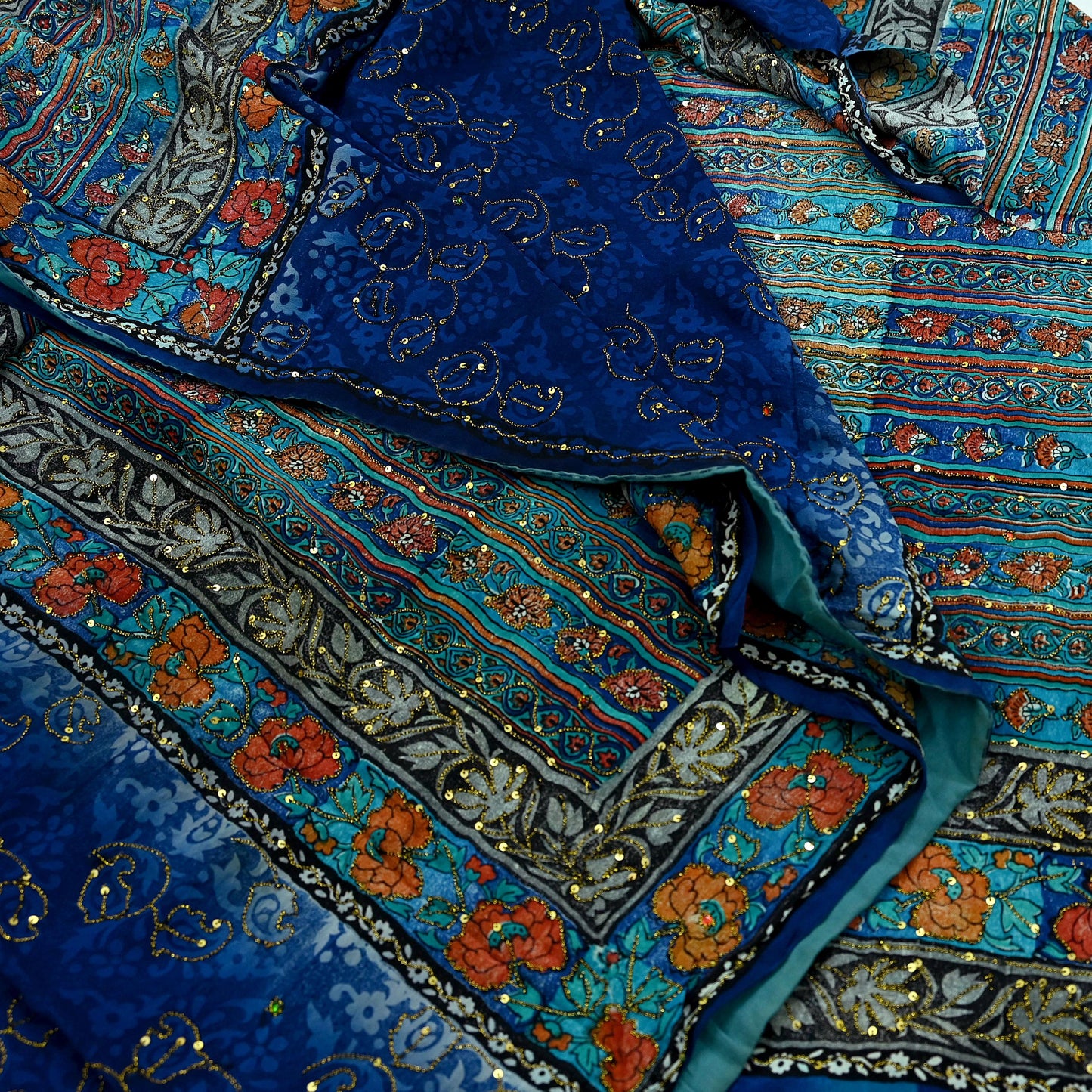 Indian Vintage Sari Blue & Green Pure Crepe Silk Hand Embroidered Saree 5yd Sewing Floral Craft Sequins Dress making Crafting Quilting