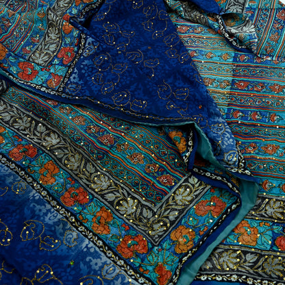 Indian Vintage Sari Blue & Green Pure Crepe Silk Hand Embroidered Saree 5yd Sewing Floral Craft Sequins Dress making Crafting Quilting