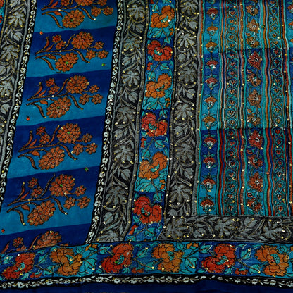 Indian Vintage Sari Blue & Green Pure Crepe Silk Hand Embroidered Saree 5yd Sewing Floral Craft Sequins Dress making Crafting Quilting