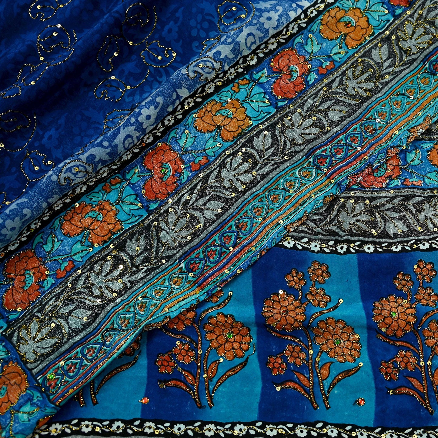 Indian Vintage Sari Blue & Green Pure Crepe Silk Hand Embroidered Saree 5yd Sewing Floral Craft Sequins Dress making Crafting Quilting