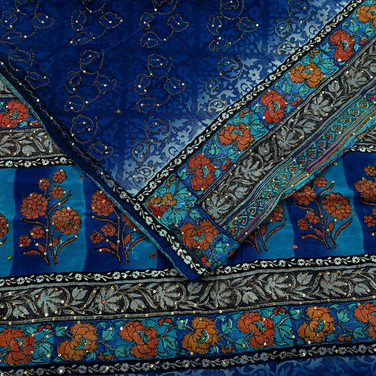 Indian Vintage Sari Blue & Green Pure Crepe Silk Hand Embroidered Saree 5yd Sewing Floral Craft Sequins Dress making Crafting Quilting