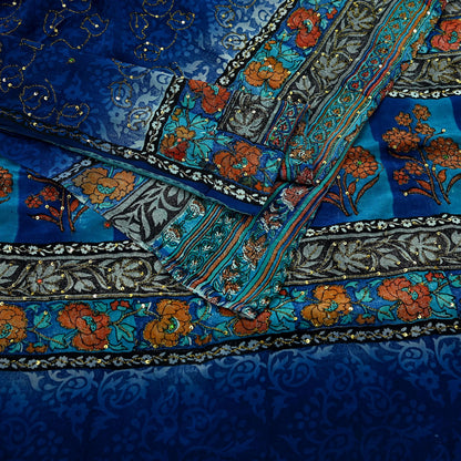 Indian Vintage Sari Blue & Green Pure Crepe Silk Hand Embroidered Saree 5yd Sewing Floral Craft Sequins Dress making Crafting Quilting