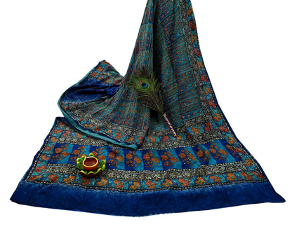 Indian Vintage Sari Blue & Green Pure Crepe Silk Hand Embroidered Saree 5yd Sewing Floral Craft Sequins Dress making Crafting Quilting