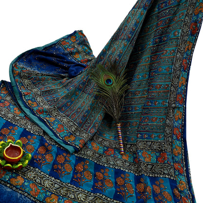 Indian Vintage Sari Blue & Green Pure Crepe Silk Hand Embroidered Saree 5yd Sewing Floral Craft Sequins Dress making Crafting Quilting