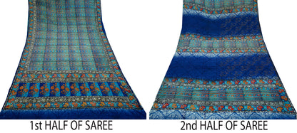 Indian Vintage Sari Blue & Green Pure Crepe Silk Hand Embroidered Saree 5yd Sewing Floral Craft Sequins Dress making Crafting Quilting