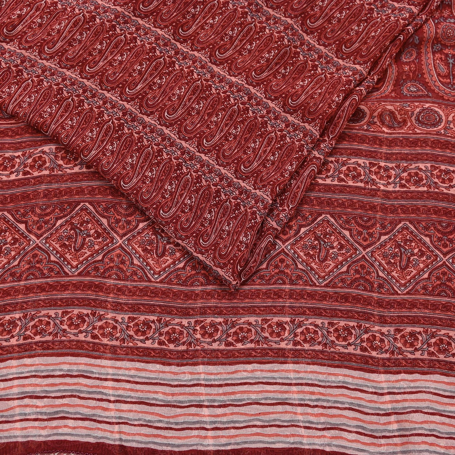 Women Vintage Sari Maroon & Peach Pure Georgette Silk Printed Saree Craft Fabric Sewing 5Yard Soft Light Dress Making Floral