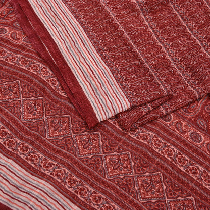 Women Vintage Sari Maroon & Peach Pure Georgette Silk Printed Saree Craft Fabric Sewing 5Yard Soft Light Dress Making Floral