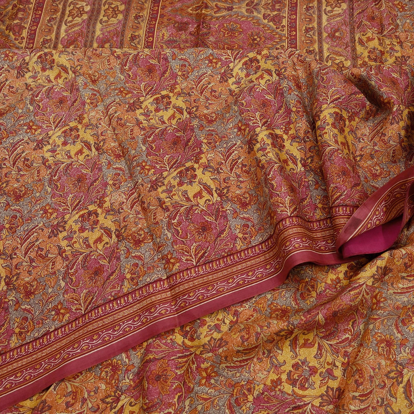 Indian Vintage Sari Pink & Mustard Pure Silk Printed Saree Fabric 5yard Sewing Craft Fabric DressMaking Soft Wrap